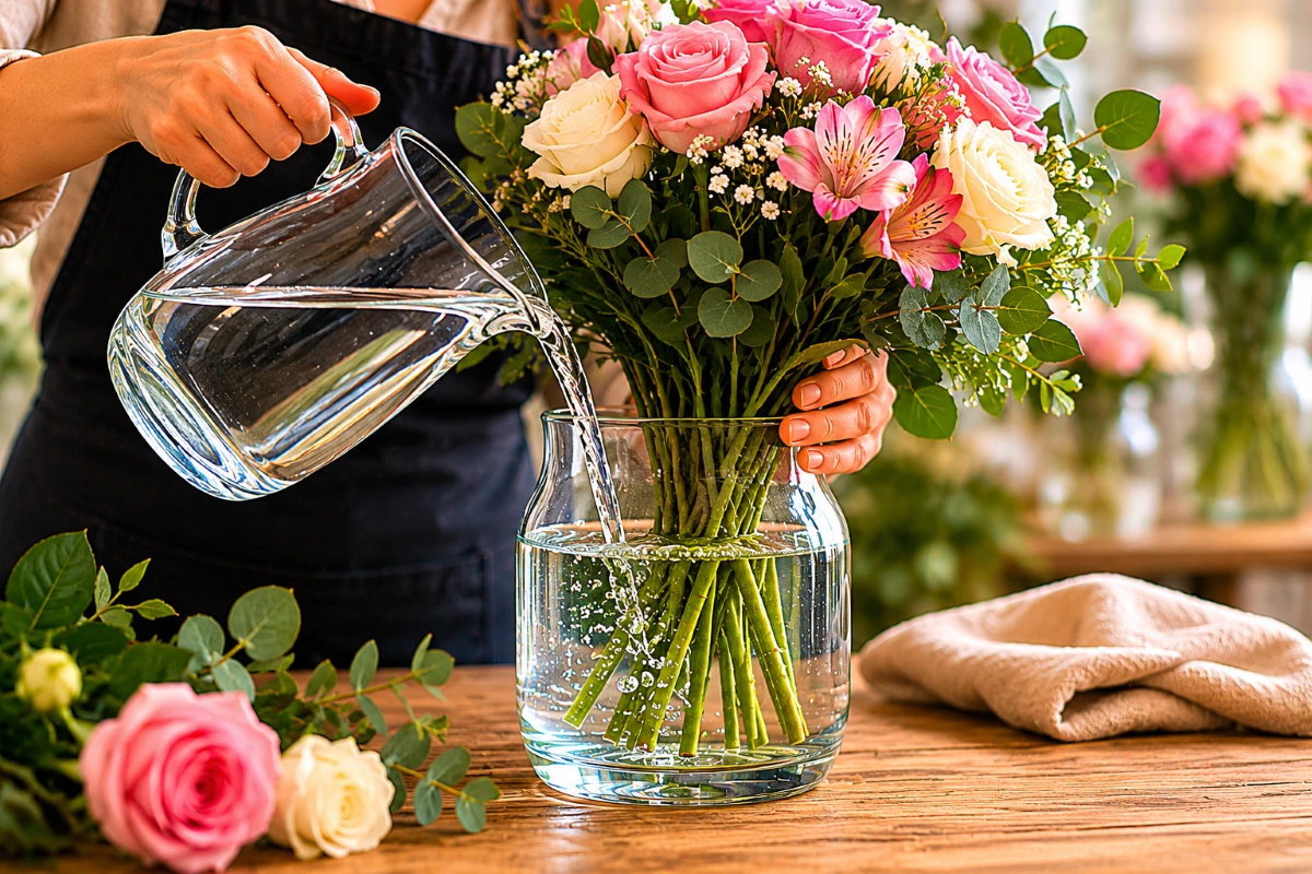 Arranjo floral com flores frescas e água limpa | Florália Arranjo floral com flores frescas