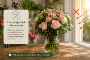 Florália - Bouquet de rosas, alstroemérias, gypsophila e eucalipto num vaso de vidro junto a uma janela, com indicação para evitar a exposição direta ao sol e privilegiar locais frescos e com luz indireta.