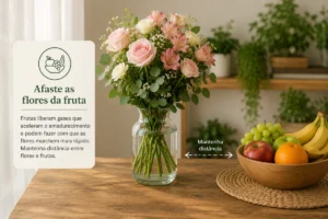 Bouquet de rosas, alstroemérias, gypsophila e eucalipto num vaso de vidro sobre uma mesa, colocado à distância de uma fruteira com bananas, uvas, maçã e laranja para evitar o envelhecimento precoce das flores.