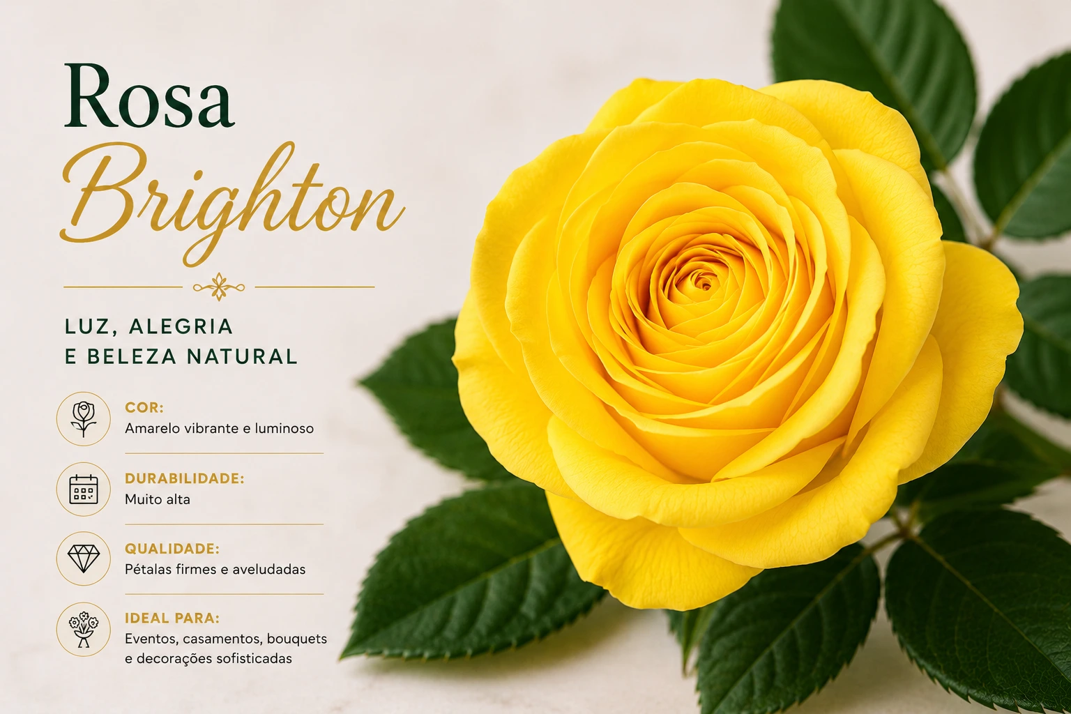 Rosa Brighton Amarela Premium para Floristas, Casamentos e Eventos | Florália Rosa Brighton amarela de pétalas elegantes utilizada em bouquets, eventos e decoração floral premium