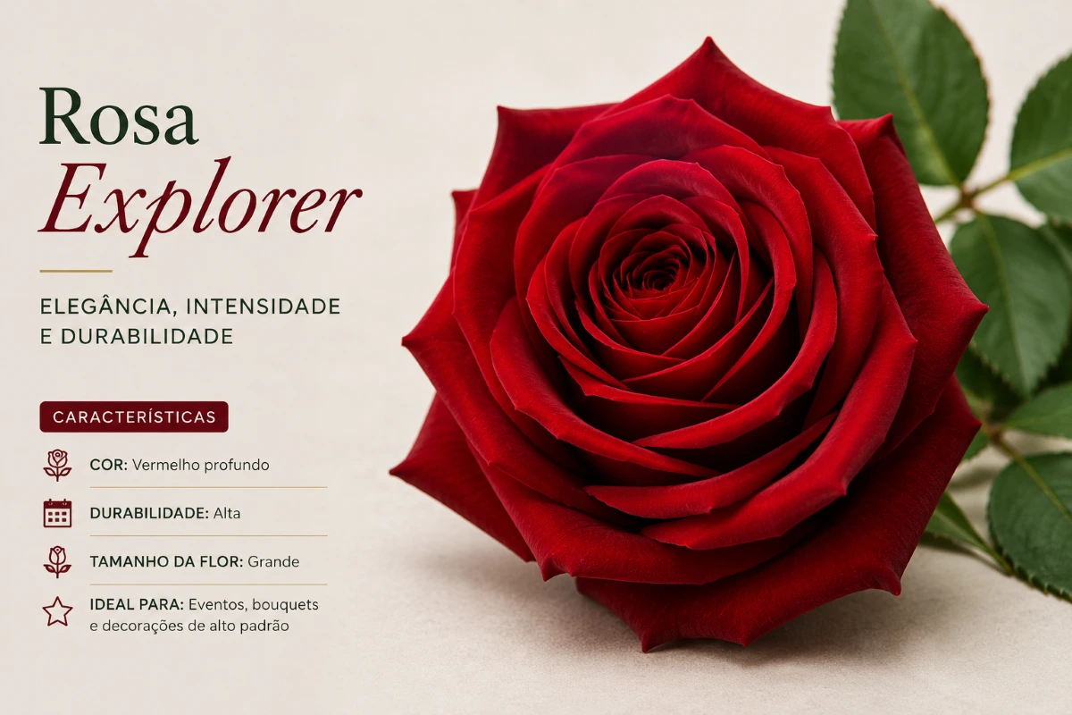 Rosa Explorer Elegancia, Intensidade e Durabilidade | Florália Rosa Explorer vermelha de grande dimensão utilizada por floristas e decoradores