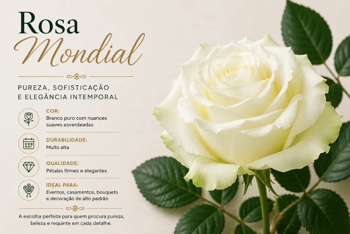 Rosa Mondial Branca Premium para Floristas, Casamentos e Eventos | Florália Rosa Mondial branca utilizada em casamentos, eventos e decoração floral premium