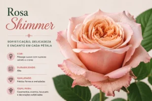 Rosa Shimmer em tons suaves de pêssego, rosa e creme utilizada em casamentos e decoração floral premium