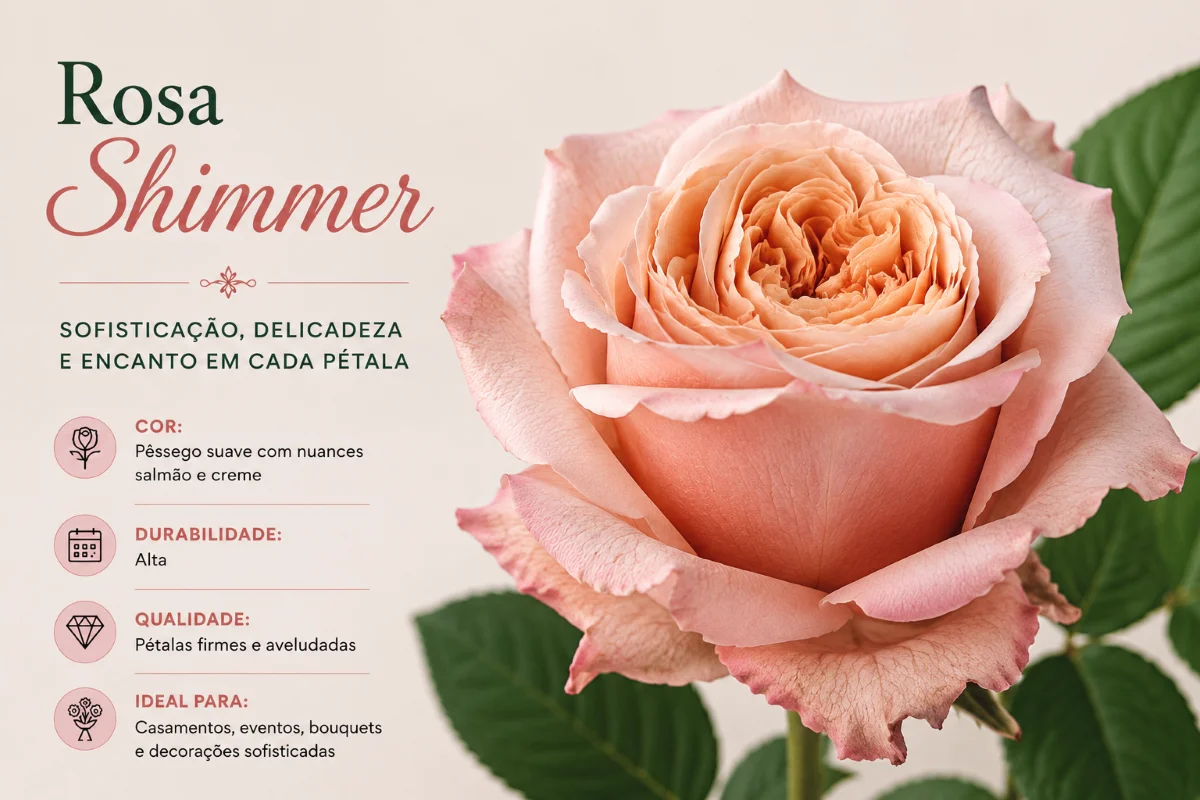 Rosa Shimmer Premium para Floristas, Casamentos e Eventos Elegantes | Florália Rosa Shimmer em tons suaves de pêssego, rosa e creme utilizada em casamentos e decoração floral premium