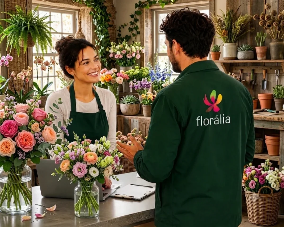 Colaborador da Florália, fardado, a realizar atendimento especializado a uma cliente florista no interior de um atelier de flores, com arranjos frescos e plantas ao redor.