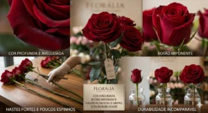 Quatro imagens comerciais que destacam os benefícios de revenda da Rosa Explorer da Florália: a cor vermelha escura que atrai clientes, o botão grande que valoriza o arranjo, o manuseamento fácil das hastes fortes no armazém e a longa durabilidade em jarras de vidro.
