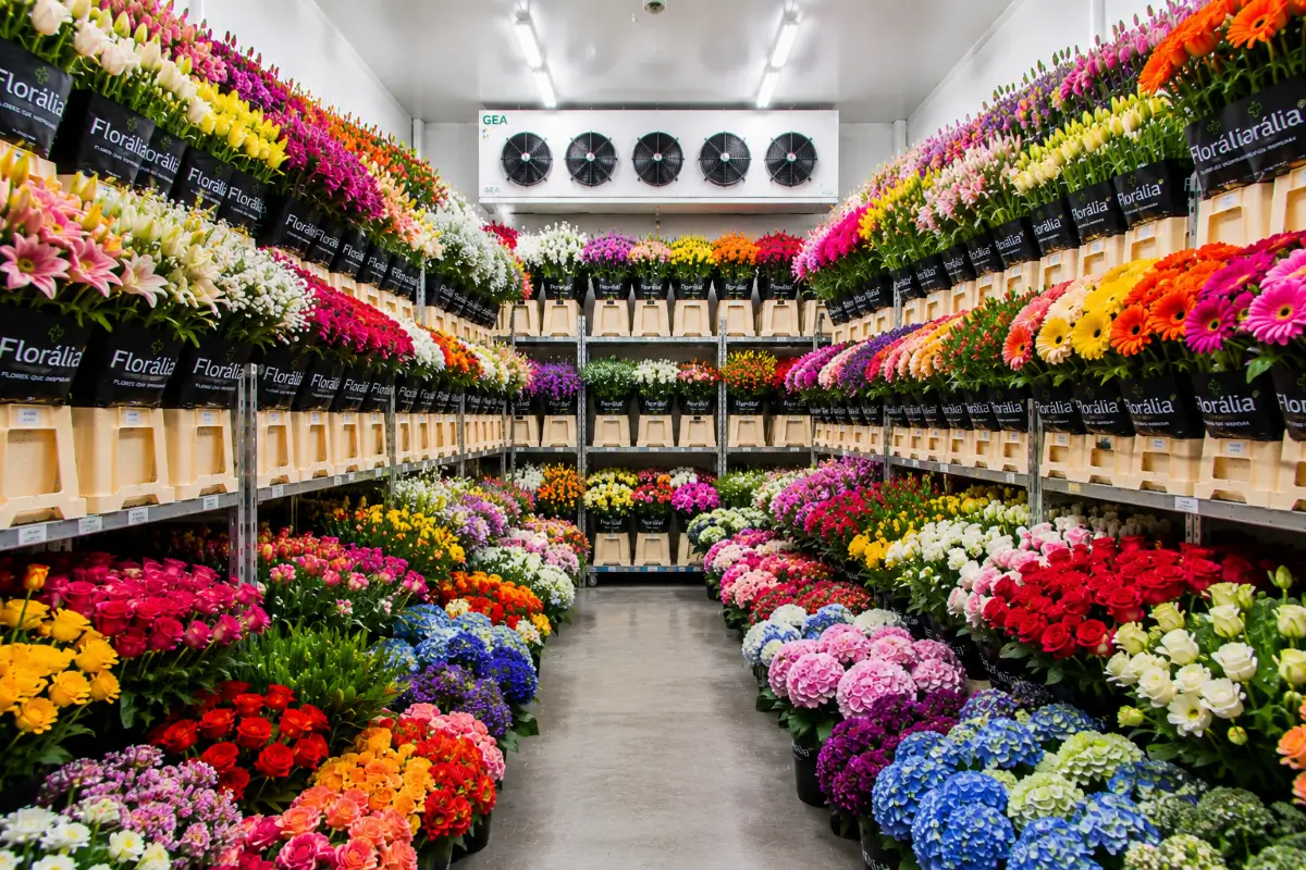 floralia-camara-frigorifica-flores-frescas-para-revenda Câmara frigorífica da Florália com uma vasta seleção de flores frescas coloridas armazenadas em condições ideais de conservação.