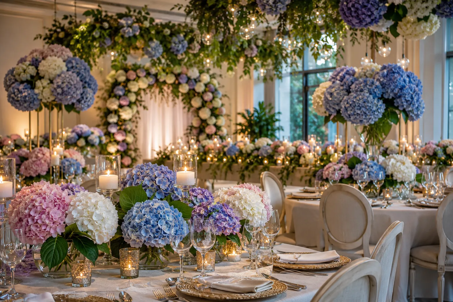 Decoração de evento com Hydrangeas em tons de azul, branco, rosa e lilás, em centros de mesa elegantes.