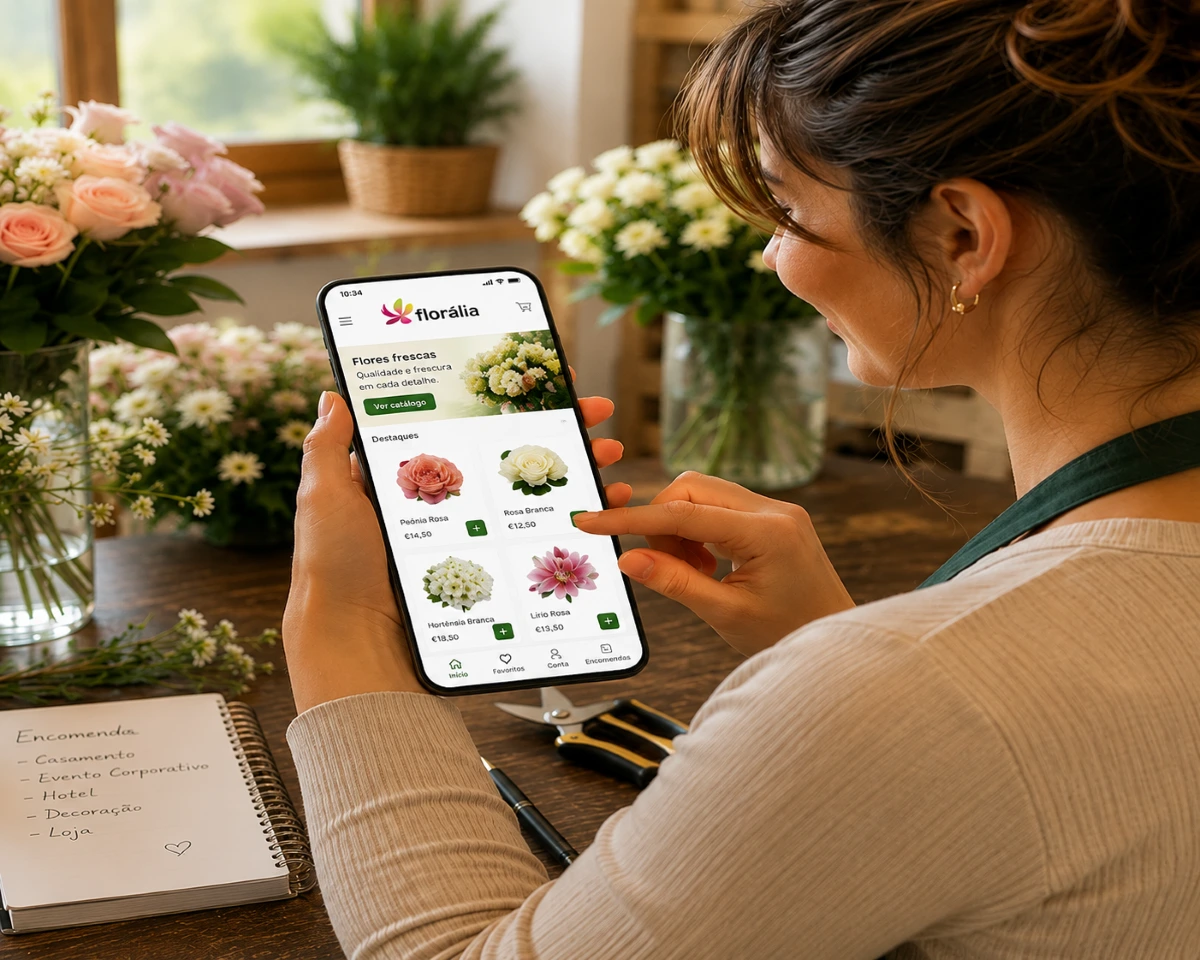 Compras Mais Simples com a Loja Online | Florália Florista a utilizar a plataforma online da Florália no smartphone para consultar e encomendar flores frescas.