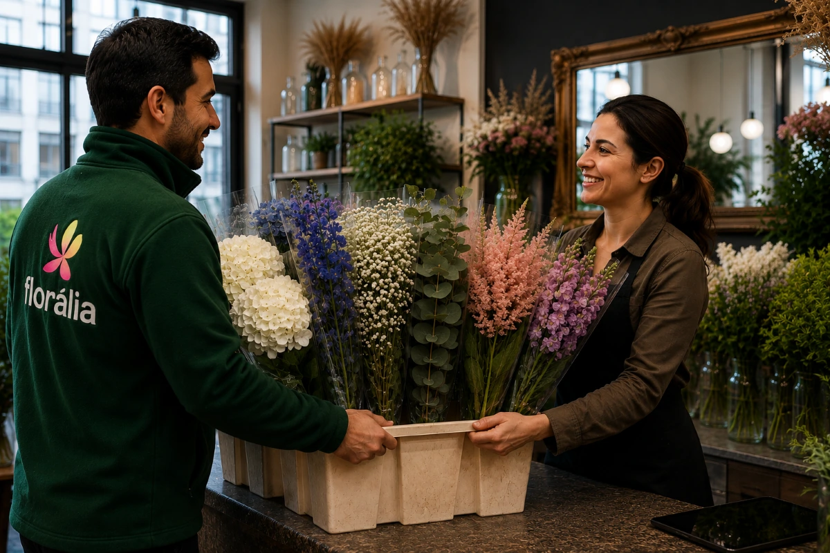 floralia-entrega-flores-frescas-para-floristas-e-decoradores-em-todo-portugal Colaborador da Florália entrega flores frescas para revenda a uma profissional numa florista, com molhos de hydrangeas, delphínios, gipsófila, eucalipto e peónias.