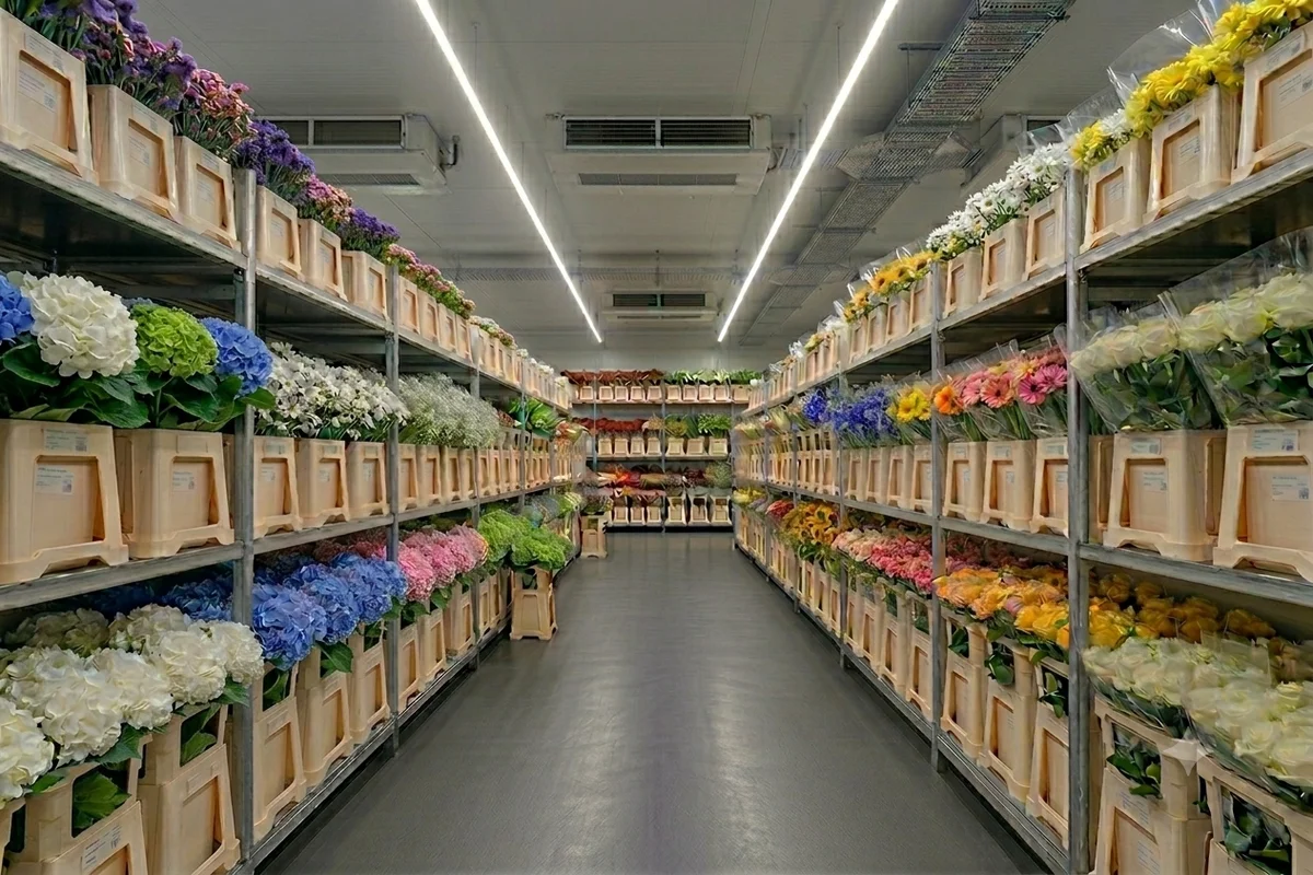 Florália: Uma Vasta Seleção de Flores Frescas para Profissionais de Flores. Câmara frigorífica profissional da Florália com flores naturais. À esquerda, hortênsias brancas, azuis, rosas e verdes expostas sem plástico. Nas outras prateleiras, rosas Mondial, margaridas, girassóis e delphiniums embalados em plástico transparente sem logótipos. Ambiente branco com iluminação LED.