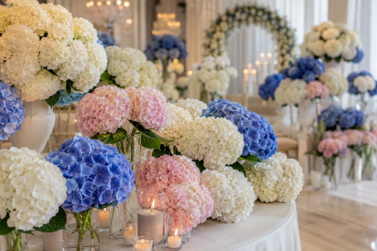 Arranjo floral para evento com hortênsias brancas, azuis e rosa em decoração elegante.