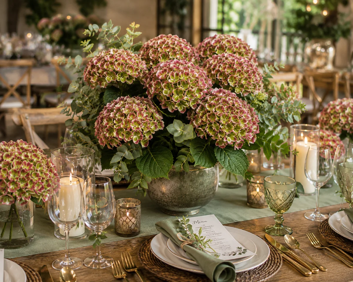 Hortênsias Vintage para Casamentos e Eventos Exclusivos | Florália Hydrangea Amargyst em decoração de evento com tons rosa e verde, centro de mesa elegante.