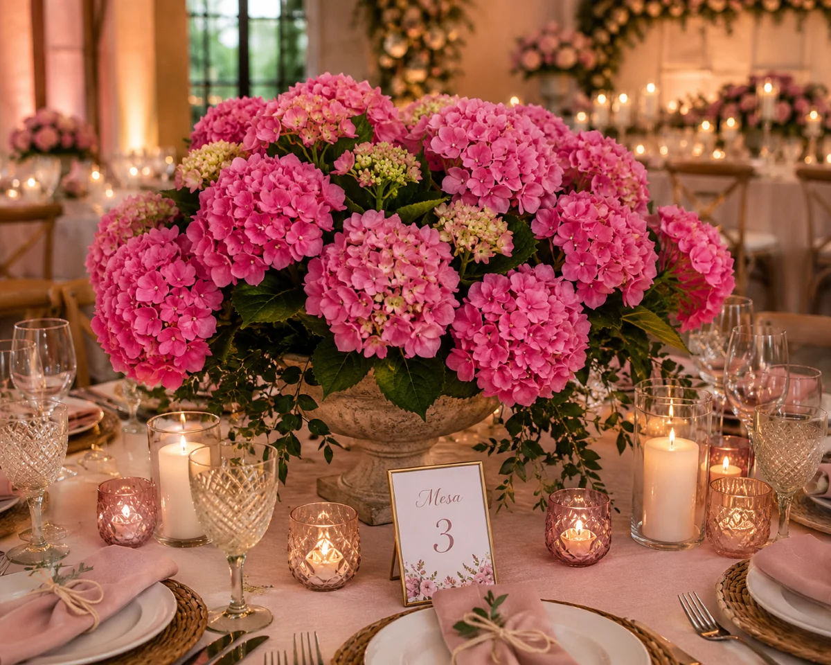 Hortênsias Rosa para Centros de Mesa e Decoração de Eventos | Florália Hydrangea Forever Pink em centro de mesa elegante para decoração de casamento ou evento romântico.