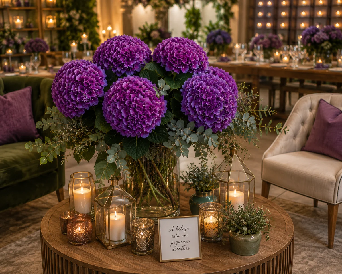 Hortênsias Roxas para Casamentos e Eventos de Elegância Superior | Florália Hydrangea Merritt Supreme em decoração de lounge para evento elegante com velas.