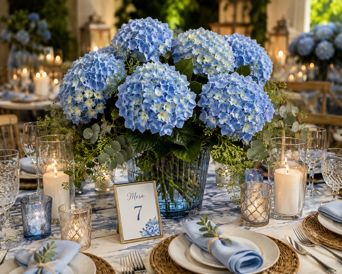 Hortênsias Azuis para Centros de Mesa e Decoração de Eventos | Florália Hydrangea Nikko Blue em centro de mesa elegante para decoração de evento com tons azuis.