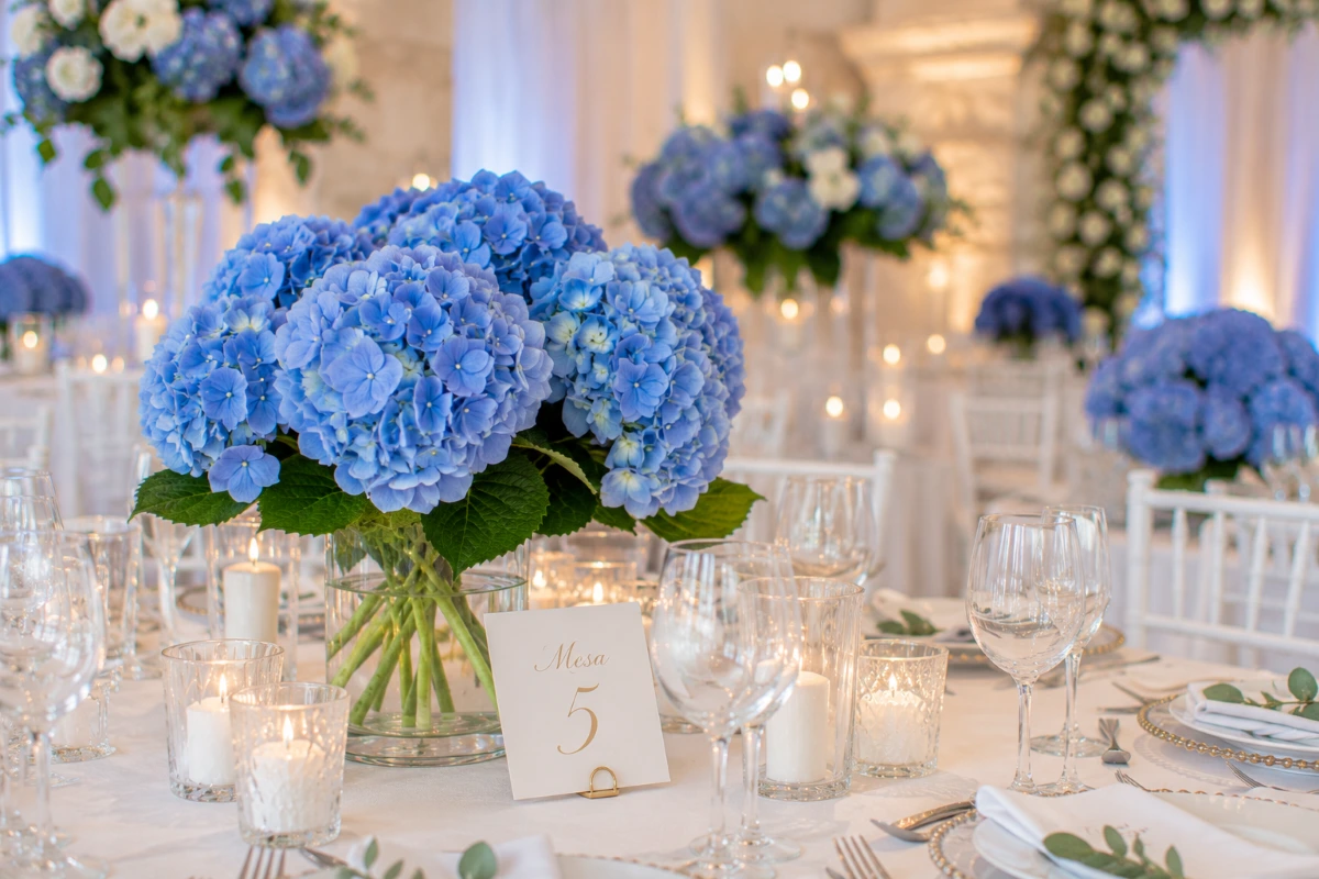 Hortênsias Azuis para Centros de Mesa e Eventos Elegantes | Florália Hydrangea Verena Blue em centro de mesa elegante para decoração de casamento e eventos.