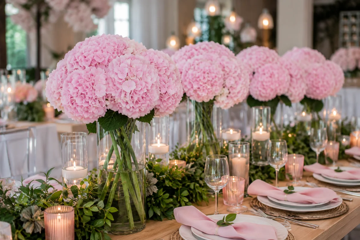 Hortênsias Rosa para Centros de Mesa e Eventos Elegantes | Florália Hortênsias Verena rosa em decoração elegante de evento com centros de mesa e velas.