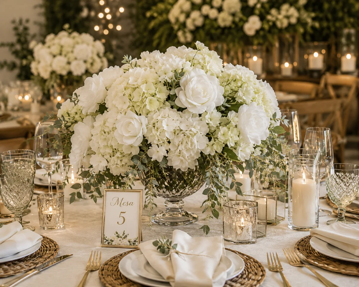 Hortênsias Brancas para Centros de Mesa e Eventos Elegantes | Florália Hydrangea Wedding Gown em centro de mesa elegante para decoração de casamento com flores brancas.