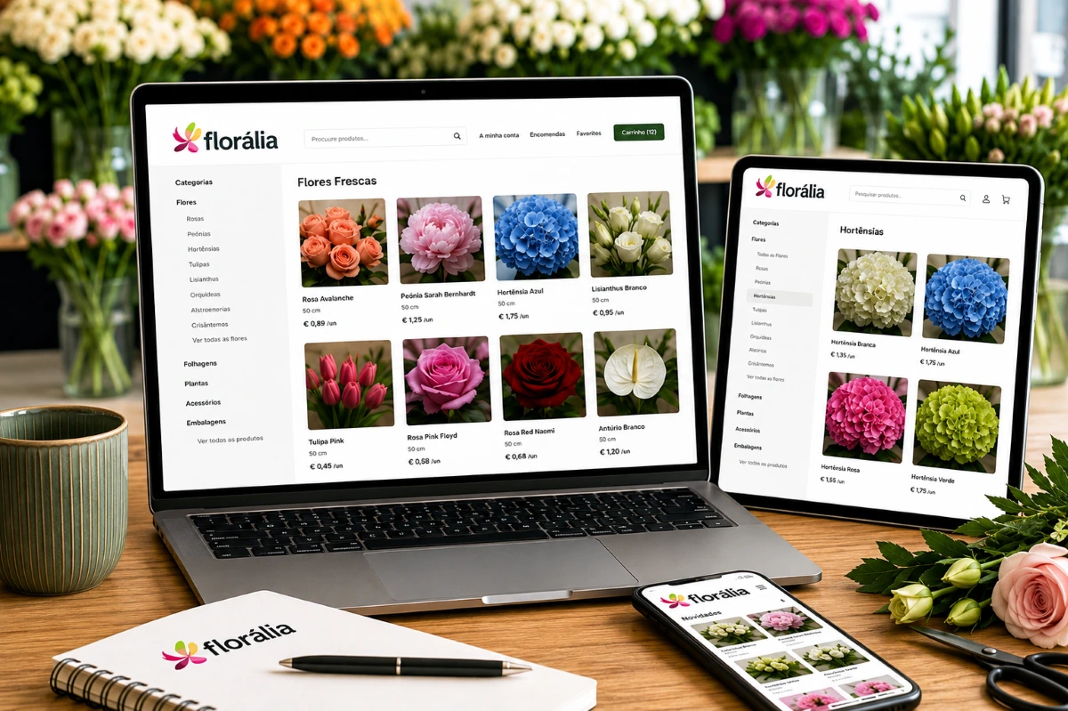 floralia-loja-online-flores-profissionais Loja online da Florália apresentada em computador, tablet e smartphone para encomenda de flores frescas.