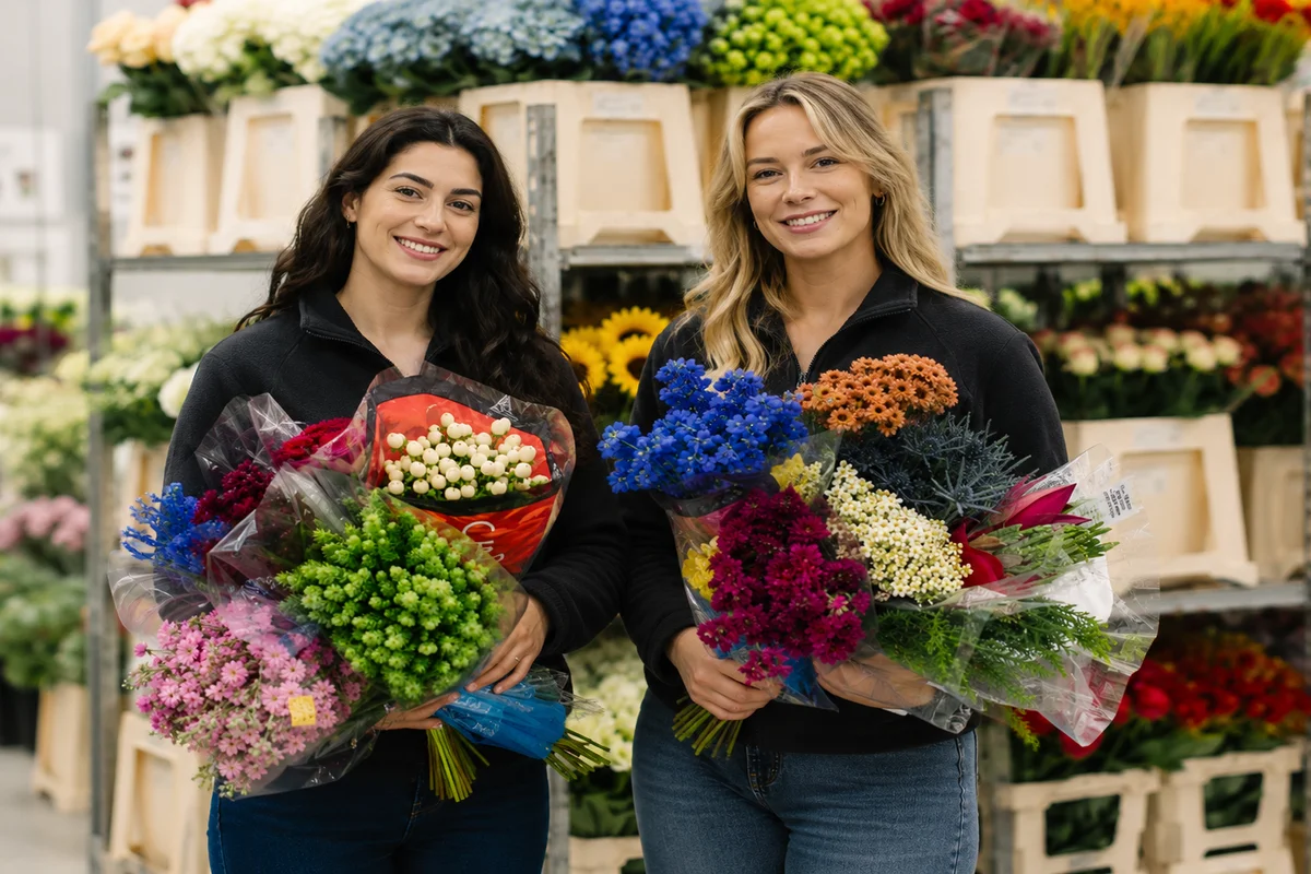 Florália: Flores Frescas para Floristas e Decoradores. Floristas na Florália com molhos de flores frescas.
