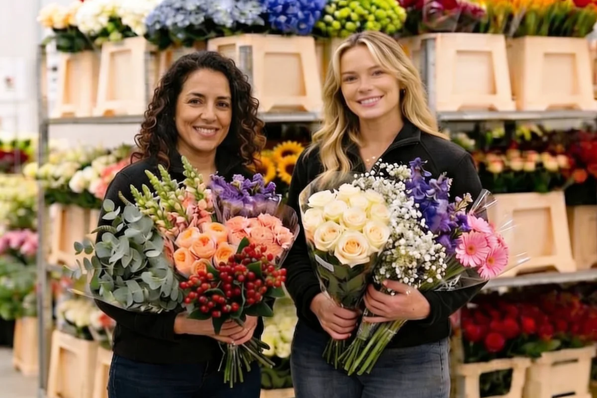 Florália: A Sua Escolha de Confiança em Flores para Profissionais Duas floristas profissionais sorridentes no armazém da Florália, segurando ramos variados de flores frescas de alta qualidade, prontos para revenda no setor floral.