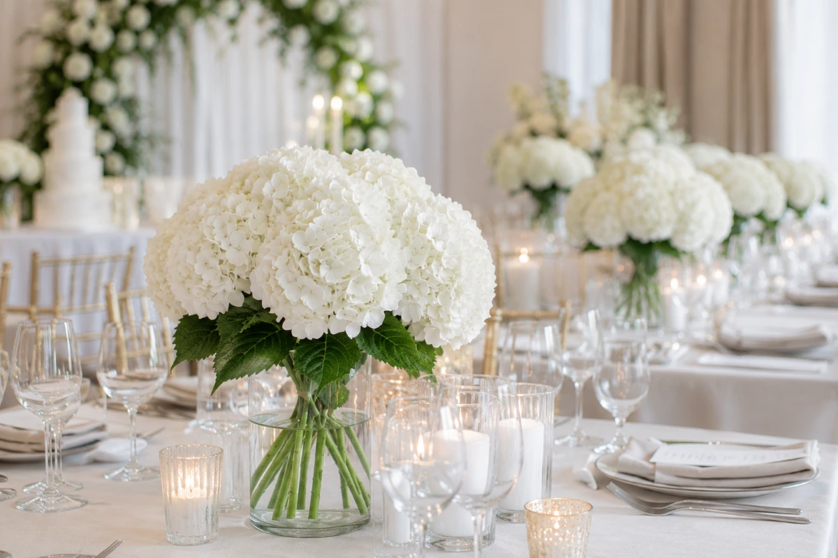 Hortênsias Brancas para Casamentos e Eventos Elegantes | Florália Hydrangea White Verena em centro de mesa elegante para decoração de casamento ou evento.