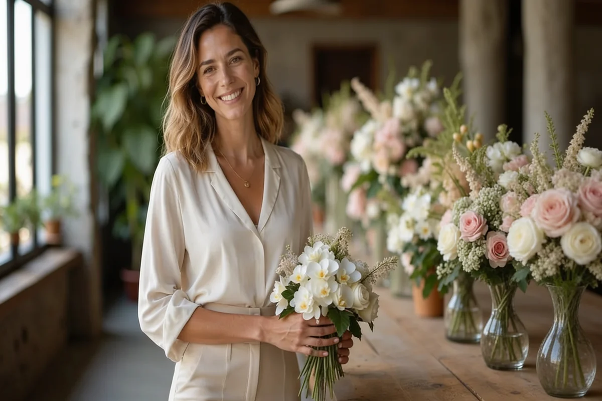 Florália: Flores para Eventos e Casamentos Profissionais. Profissional de decoração floral a preparar arranjos de flores para eventos e casamentos