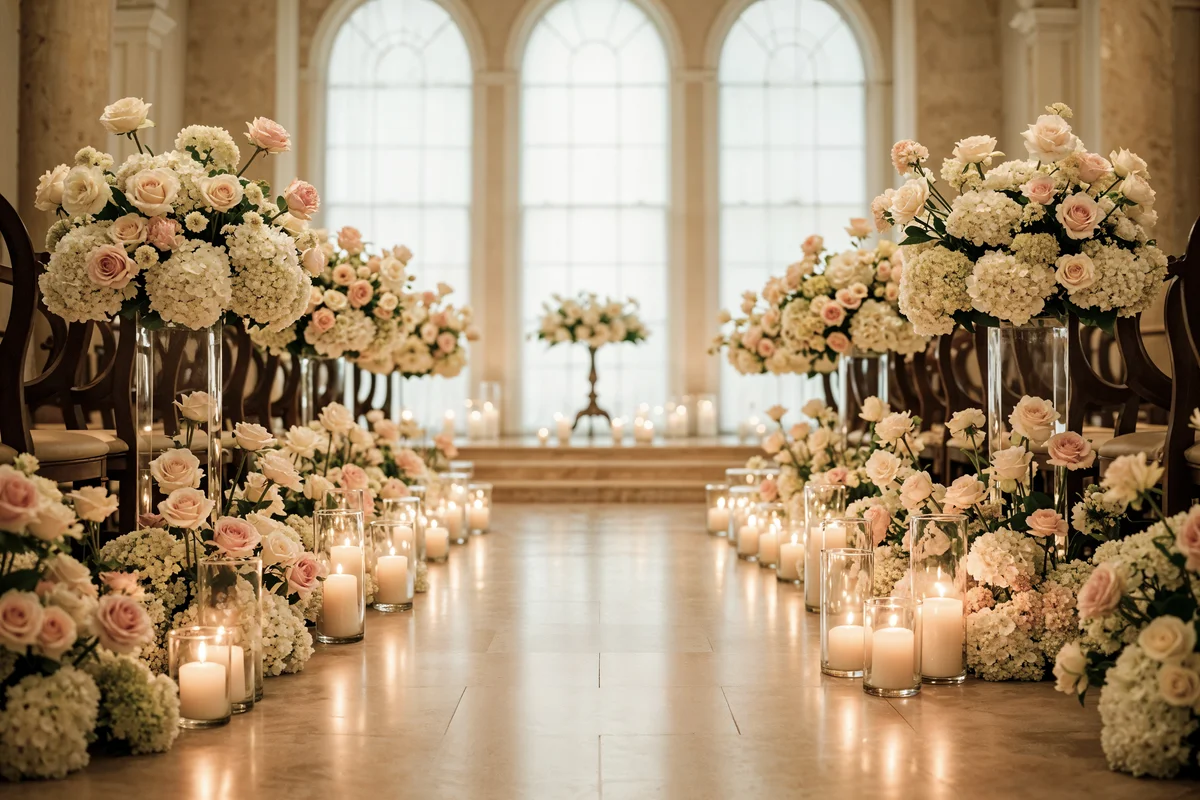 Dê Vida às Ideias Mais Exigentes dos Seus Clientes. Decoração floral para cerimónia com hortênsias brancas, rosas em tons suaves e velas, criando um ambiente elegante para eventos.