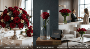 Três cenários comerciais de aplicação da Rosa Explorer da Florália: à esquerda, um arranjo alto e luxuoso numa mesa de casamento; ao centro, um botão único numa jarra moderna ao lado de uma caixa de oferta da Florália; à direita, arranjos corporativos na receção de um hotel e numa sala de estar premium.
