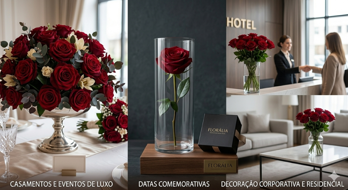 Rosa Explorer para Eventos, Hotelaria e Decoração Corporativa | Florália Três cenários comerciais de aplicação da Rosa Explorer da Florália: à esquerda, um arranjo alto e luxuoso numa mesa de casamento; ao centro, um botão único numa jarra moderna ao lado de uma caixa de oferta da Florália; à direita, arranjos corporativos na receção de um hotel e numa sala de estar premium.