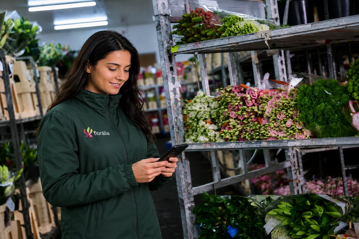 Florália: Cada Encomenda Preparada com Rigor e Dedicação. Profissional da Florália a utilizar o telemóvel junto a prateleiras com flores frescas e folhagens organizadas.