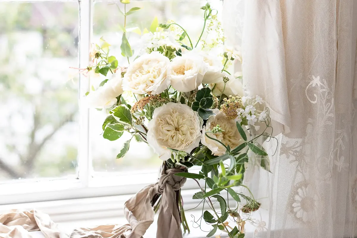 Bouquet de Noiva com Rosas David Austin Patience | Florália Bouquet de noiva com rosas David Austin Patience em tons de marfim, acompanhado por folhagens naturais junto a uma janela iluminada.
