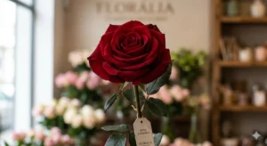 Uma Rosa Explorer vermelha escura e aveludada em primeiro plano, com uma etiqueta pendurada com o nome da flor e a marca Florália. Ao fundo, o interior desfocado de uma floricultura elegante.