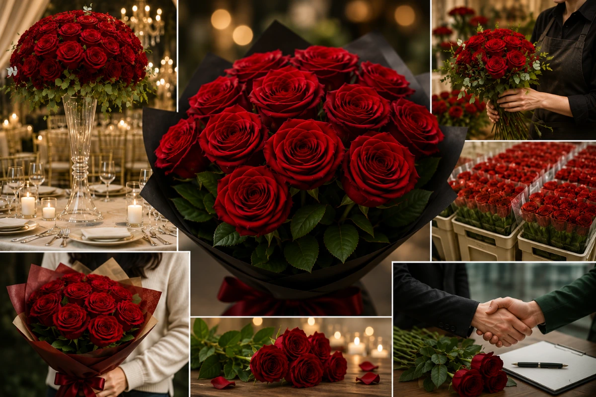 Rosa Explorer Vermelha Premium para Floristas, Eventos e Decoração | Florália Rosas vermelhas Explorer utilizadas em eventos, casamentos, revenda profissional e distribuição de flores.
