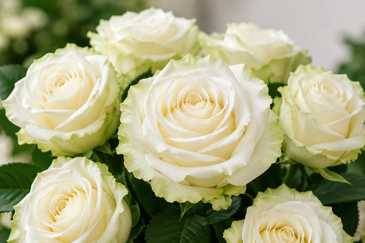 Rosas Mondial do Equador de elevada qualidade com pétalas brancas cremosas e bordas verde-claro