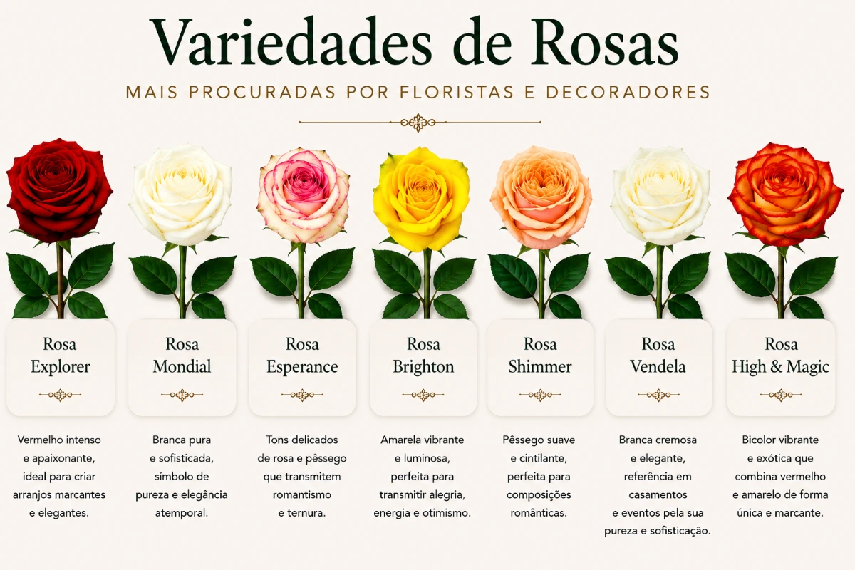 Infográfico da Florália com as variedades de rosas mais procuradas por floristas e decoradores, incluindo Explorer, Mondial, Esperance, Brighton, Shimmer, Vendela e High & Magic.